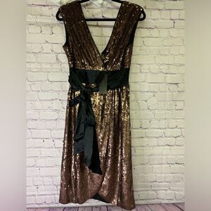 NWT BCBGMAXAZRIA Taupe Sequin Black Satin Trim 70s Glam Deep V Midi Dress Size S